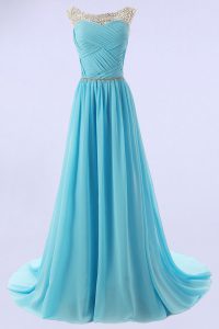 Discount With Train Baby Blue Mother of Bride Dresses Scoop Sleeveless Sweep Train Zipper