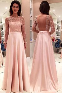 Custom Designed Pink A-line Beading Mother Of The Bride Dress Backless Satin Long Sleeves With Train