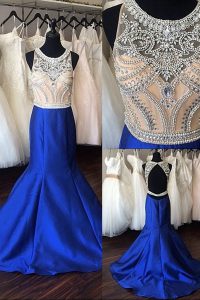 Elegant Mermaid Scoop Royal Blue Sleeveless Beading Backless Mother of Groom Dress