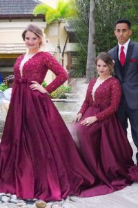 Burgundy A-line Scoop Long Sleeves Satin With Train Sweep Train Zipper Beading Mother Of The Bride Dress