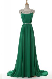Custom Fit Scoop Green Side Zipper Prom Party Dress Belt Sleeveless With Train Sweep Train