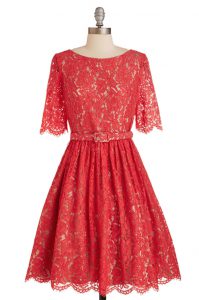 Colorful Scoop Lace Red Zipper Mother of Bride Dresses Belt Short Sleeves Knee Length