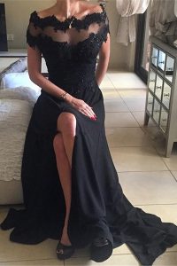 Enchanting Black A-line Chiffon Off The Shoulder Short Sleeves Beading and Lace Backless Mother Of The Bride Dress Sweep Train