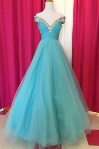 Suitable Off the Shoulder Blue A-line Beading Mother Of The Bride Dress Backless Tulle Sleeveless Floor Length
