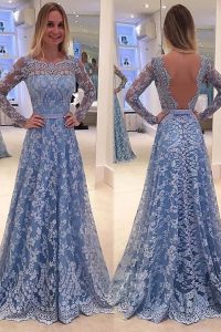 Ideal Blue Mother Of The Bride Dress Prom and For with Lace Scoop Long Sleeves Sweep Train Backless