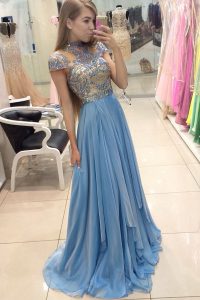 Fashionable Blue A-line Organza Scoop Cap Sleeves Beading With Train Zipper Mother Of The Bride Dress Sweep Train