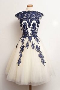 Scalloped Appliques Mother Of The Bride Dress Blue And White Zipper Cap Sleeves Knee Length