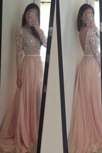 Sophisticated Scoop 3 4 Length Sleeve Chiffon With Brush Train Backless Mother Of The Bride Dress in Peach with Beading and Ruching