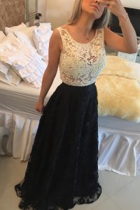 Scoop White And Black Sleeveless Beading and Lace Floor Length Mother Of The Bride Dress