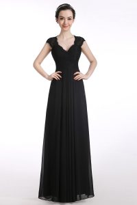 V-neck Cap Sleeves Mother Of The Bride Dress Floor Length Lace Black Chiffon