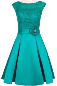 Custom Fit Scoop Cap Sleeves Taffeta and Lace Knee Length Zipper Mother Of The Bride Dress in Teal with Hand Made Flower