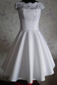 Knee Length White Mother Of The Bride Dress Satin Cap Sleeves Lace
