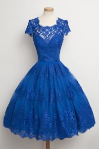 Fine Scalloped Royal Blue Zipper Mother Of The Bride Dress Lace Cap Sleeves Knee Length