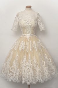 Lovely Scalloped Champagne Tulle Zipper Mother Of The Bride Dress Half Sleeves Knee Length Lace and Belt