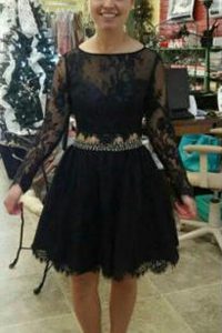 Great A-line Mother Of The Bride Dress Black Scoop Lace Long Sleeves Knee Length Backless