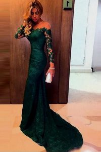 Mermaid Off the Shoulder Dark Green Zipper Mother Of The Bride Dress Lace Long Sleeves Sweep Train