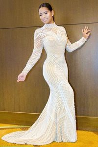 Mermaid White High-neck Neckline Beading Mother Of The Bride Dress Long Sleeves Backless