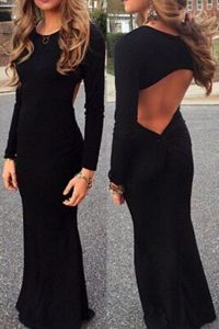 Mermaid Scoop Long Sleeves Elastic Woven Satin Floor Length Backless Mother Of The Bride Dress in Black with Ruching