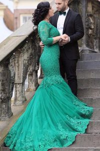 Spectacular Mermaid V-neck Long Sleeves Chapel Train Lace Up Mother Of The Bride Dress Green Tulle
