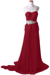 Watteau Train A-line Mother Of The Bride Dress Burgundy One Shoulder Chiffon Sleeveless With Train Zipper