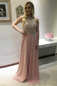 High End With Train Pink Mother of Bride Dresses Scoop Sleeveless Sweep Train Backless
