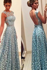 Wonderful Lace Bateau Sleeveless Backless Lace Prom Dresses in Turquoise