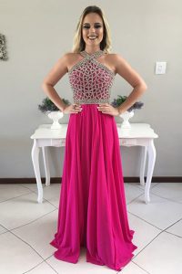 Extravagant Fuchsia Halter Top Neckline Beading Mother of Groom Dress Sleeveless Zipper