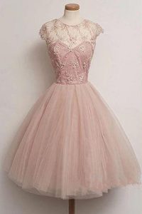 Scoop Knee Length Pink Mother of Groom Dress Tulle Cap Sleeves Appliques