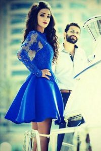 Chic Royal Blue A-line Satin Bateau Sleeveless Lace Mini Length Zipper Mother Of The Bride Dress