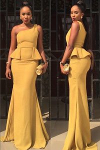 Delicate Mermaid One Shoulder Sleeveless Floor Length Ruching Zipper Mother Of The Bride Dress with Yellow