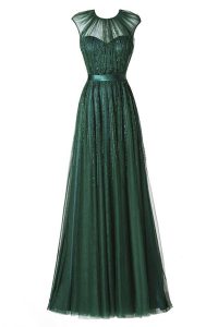 Fantastic Scoop Beading and Pleated Mother of the Bride Dress Dark Green Zipper Cap Sleeves Floor Length