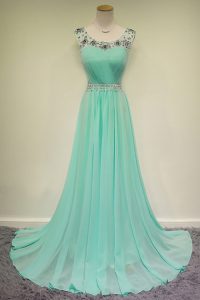 Scoop Sleeveless Brush Train Zipper Mother Of The Bride Dress Turquoise Chiffon