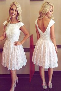White Zipper Scoop Lace Mother of the Bride Dress Lace Cap Sleeves