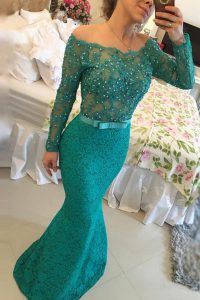 Mermaid Off the Shoulder Lace Turquoise Side Zipper Mother Of The Bride Dress Beading Long Sleeves Floor Length