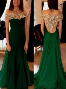 Off the Shoulder Beading and Pleated Mother of the Bride Dress Dark Green Side Zipper Short Sleeves Sweep Train