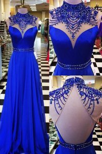 Sweep Train A-line Mother Of The Bride Dress Royal Blue High-neck Chiffon Sleeveless Backless