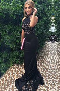 Artistic Black Mermaid High-neck Sleeveless Elastic Woven Satin With Train Sweep Train Zipper Lace and Appliques Mother Of The Bride Dress