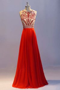 Designer Scoop Coral Red Sleeveless Floor Length Beading and Pleated Side Zipper Mother of the Bride Dress