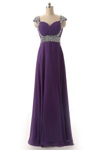 Dynamic Purple Cap Sleeves Chiffon Lace Up Mother Of The Bride Dress for Prom and Party