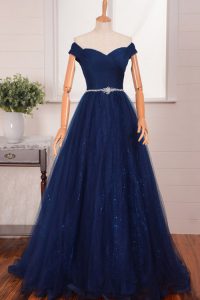 Navy Blue A-line Off The Shoulder Sleeveless Organza With Brush Train Zipper Belt Mother of the Bride Dress