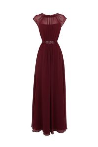 Scoop Cap Sleeves Floor Length Beading Zipper Mother Of The Bride Dress with Burgundy