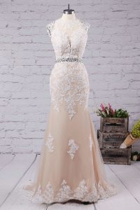 Latest Mermaid Champagne Tulle Backless Scoop Sleeveless With Train Mother Of The Bride Dress Sweep Train Beading and Appliques