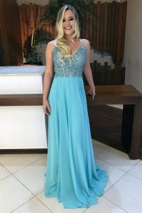 Glittering With Train Baby Blue Mother of the Bride Dress V-neck Sleeveless Sweep Train Backless