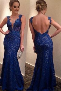 Blue Column/Sheath V-neck Sleeveless Lace With Brush Train Backless Lace Mother Of The Bride Dress