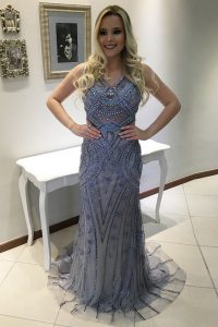 Flirting Blue Mermaid Tulle V-neck Sleeveless Beading and Appliques With Train Backless Mother Dresses Sweep Train