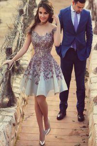 Scoop White Cap Sleeves Knee Length Appliques Zipper Mother Of The Bride Dress