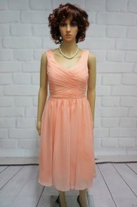 Peach Column/Sheath Chiffon Straps Sleeveless Ruching Knee Length Lace Up Mother Of The Bride Dress