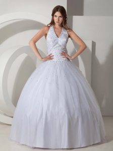 Discount White Halter Beaded Taffeta Quince Dresses in Belfast