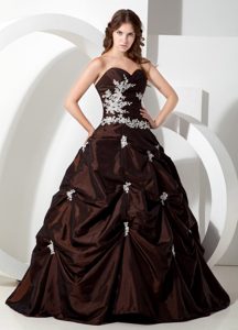 Brown Taffeta Dress For Quinceanera with White Appliques in Aachen