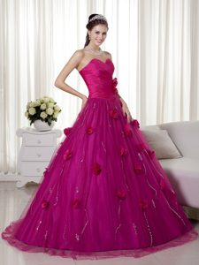 Fuchsia Taffeta and Tulle Hand-made Flowers Quince Dress in Newry